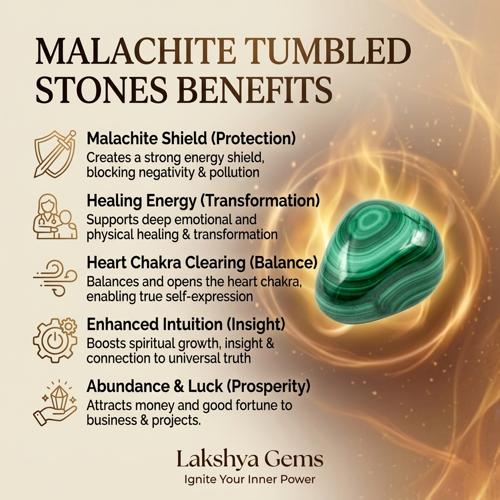 A collection of polished Malachite crystal tumbles featuring deep forest-green concentric bands and unique swirl patterns.