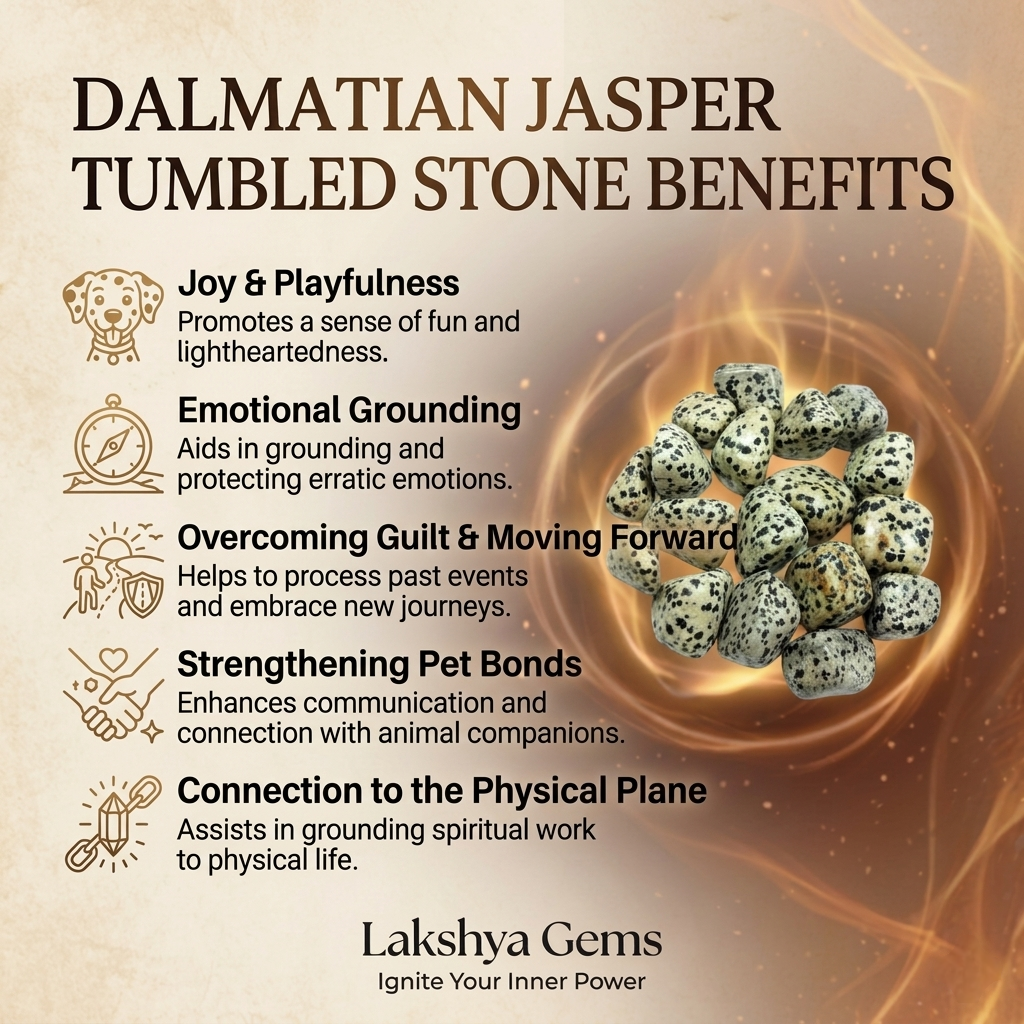 A collection of polished Dalmatian Jasper crystal tumbles featuring a cream-colored base with distinct black spots.