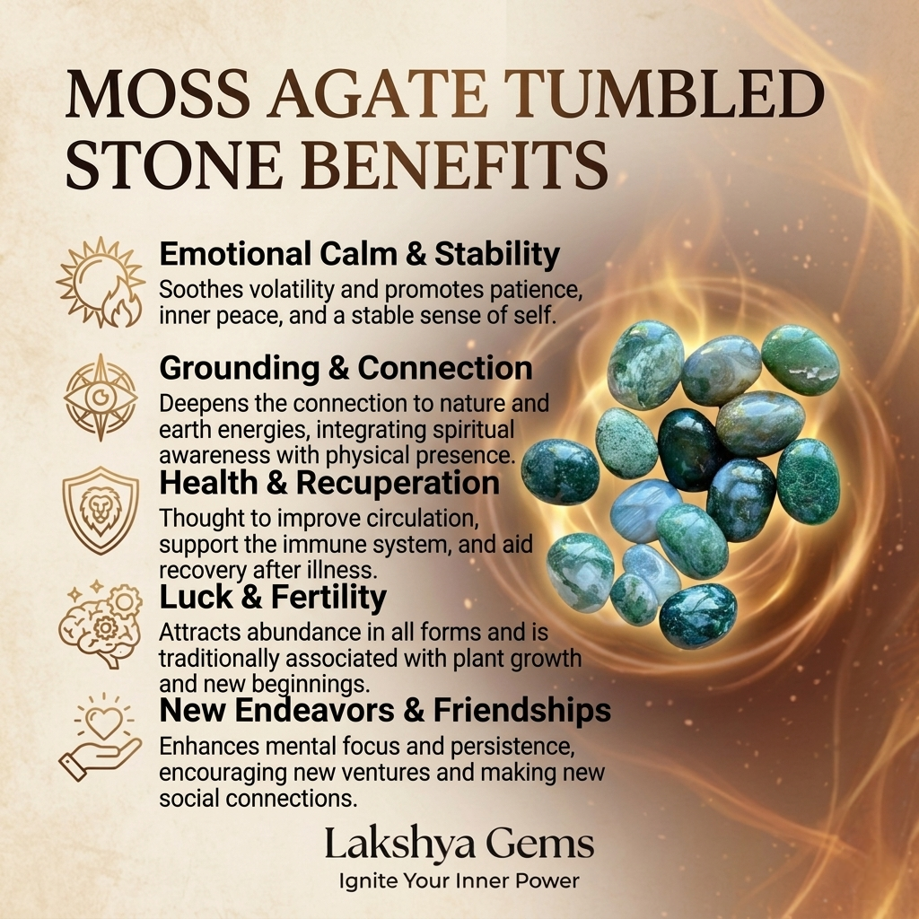 A collection of polished Moss Agate crystal tumbles featuring translucent white stone with deep green moss-like inclusions.