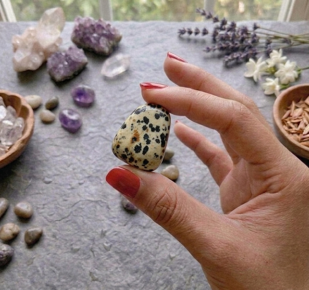 A collection of polished Dalmatian Jasper crystal tumbles featuring a cream-colored base with distinct black spots.