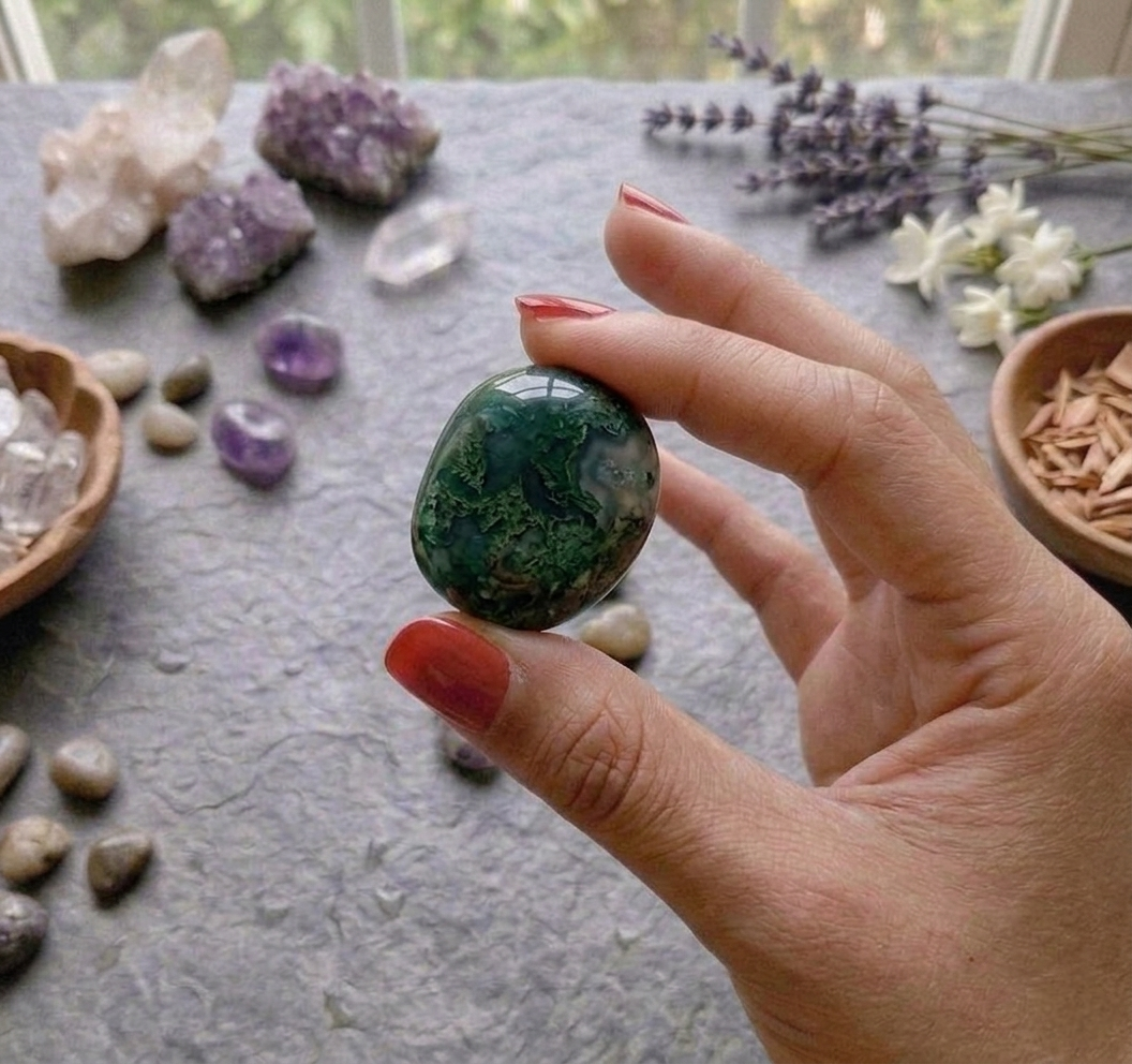 A collection of polished Green Jade crystal tumbles featuring various shades of vibrant forest and olive green.