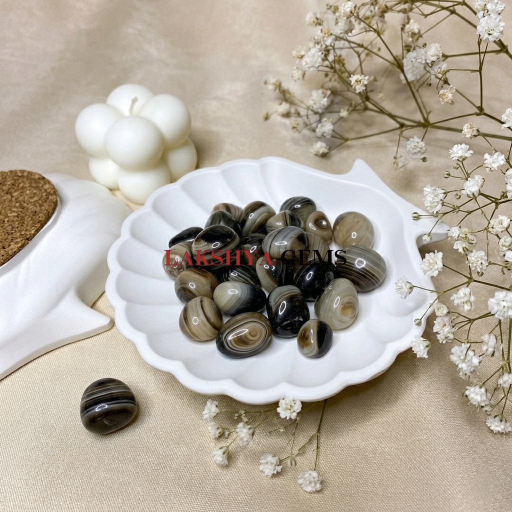 A collection of polished Sulaimani Agate crystal tumbles showing natural bands of black, white, and translucent grey.