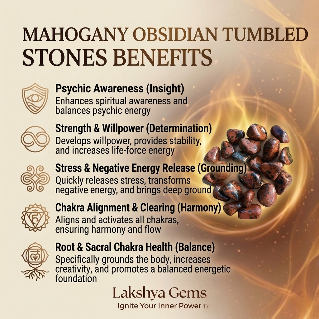 A collection of polished Mahogany Obsidian crystal tumbles featuring deep black glass with reddish-brown earthy swirls.