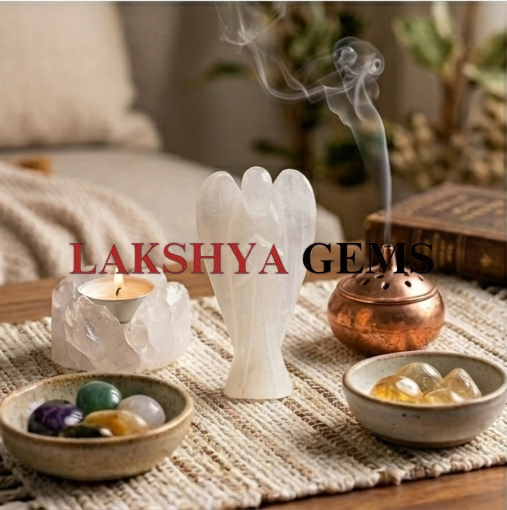 Selenite Crystal Angel from Lakshya Gems Mumbai A hand-carved natural Selenite crystal angel featuring a pearlescent white glow and polished finish.