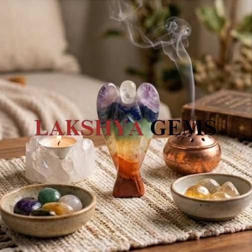 7 chakra crystal Angel from Lakshya Gems Mumbai A hand-bonded Seven Chakra crystal angel featuring layers of natural red, orange, yellow, green, blue, indigo, and violet gemstones.
