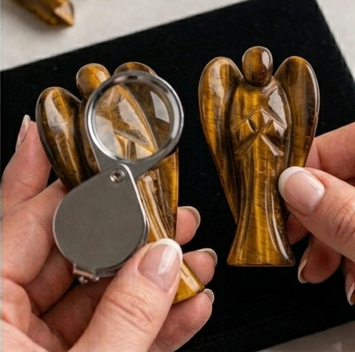 A hand-carved natural Tiger Eye crystal angel showing silky golden-brown bands and a polished finish.