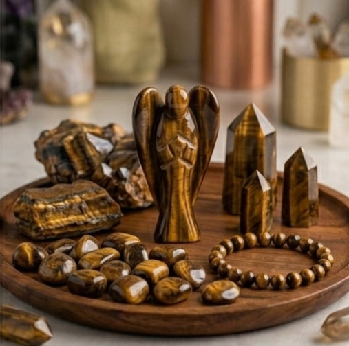 A hand-carved natural Tiger Eye crystal angel showing silky golden-brown bands and a polished finish.
