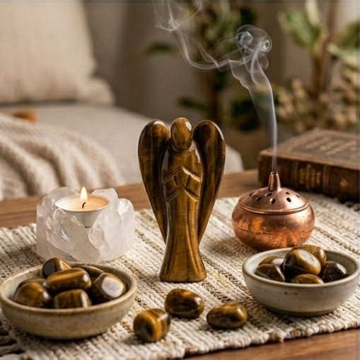 A hand-carved natural Tiger Eye crystal angel showing silky golden-brown bands and a polished finish.