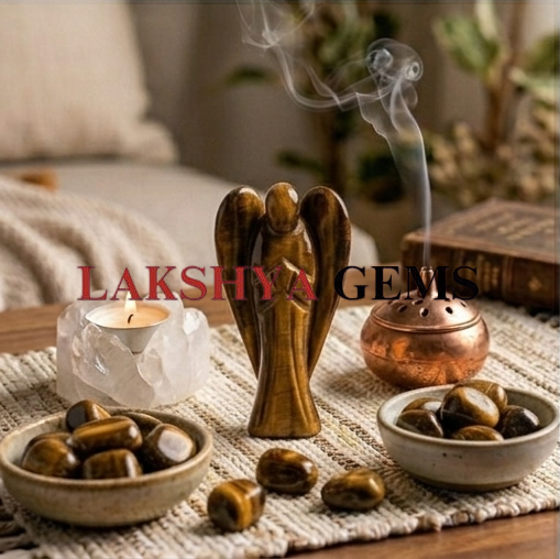 Tiger Eye Crystal Angel From Lakshya Gems Mumbai A hand-carved natural Tiger Eye crystal angel showing silky golden-brown bands and a polished finish.
