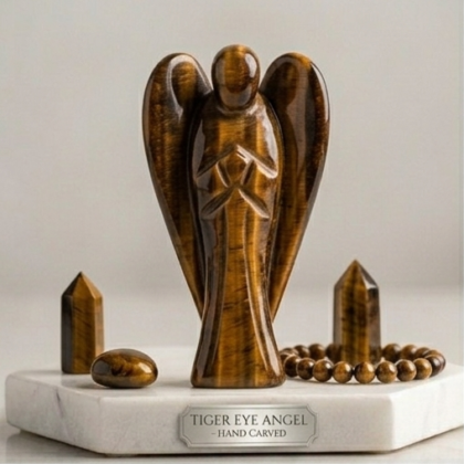 A hand-carved natural Tiger Eye crystal angel showing silky golden-brown bands and a polished finish.