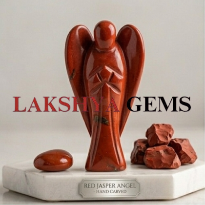 A hand-carved natural Red Jasper crystal angel featuring a deep terracotta red color and smooth polished finish.