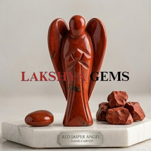 A hand-carved natural Red Jasper crystal angel featuring a deep terracotta red color and smooth polished finish.