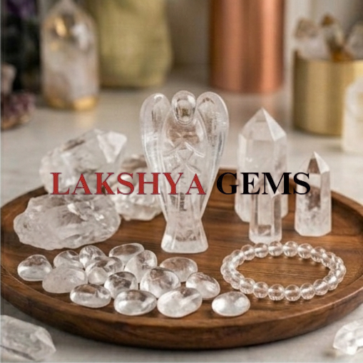 Clear Quartz crystal Angel from Lakshya Gems mumbai A hand-carved natural Clear Quartz crystal angel featuring high transparency and a brilliant polished finish.