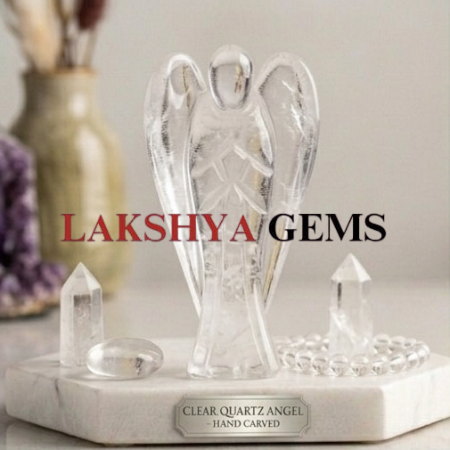 A hand-carved natural Clear Quartz crystal angel featuring high transparency and a brilliant polished finish.
