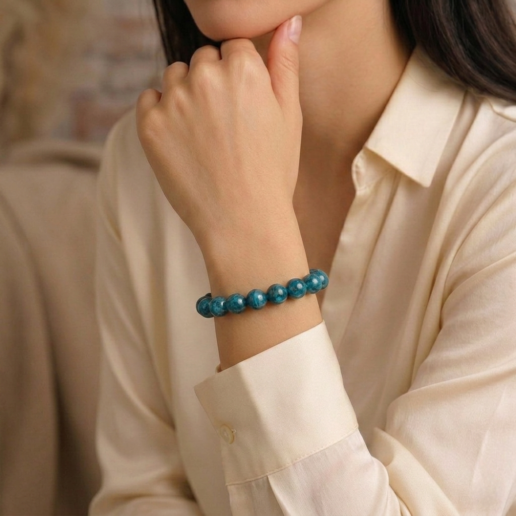 A natural Blue Apatite healing bracelet featuring round indigo-blue beads with a slight silky luster.