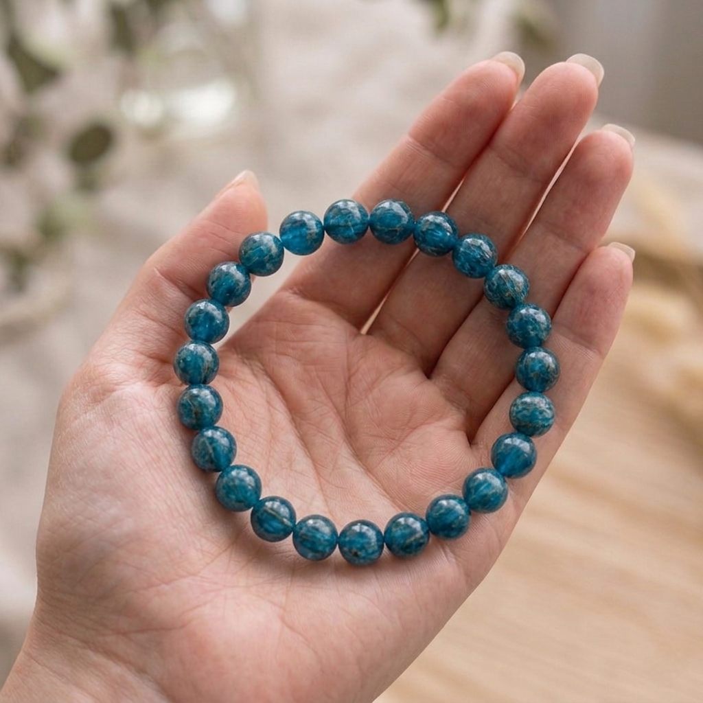 A natural Blue Apatite healing bracelet featuring round indigo-blue beads with a slight silky luster.