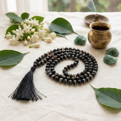 Authentic Sulaimani Agate Jaap Mala featuring 108 natural black and banded gemstone beads with a silk tassel from lakshya gems mumbai