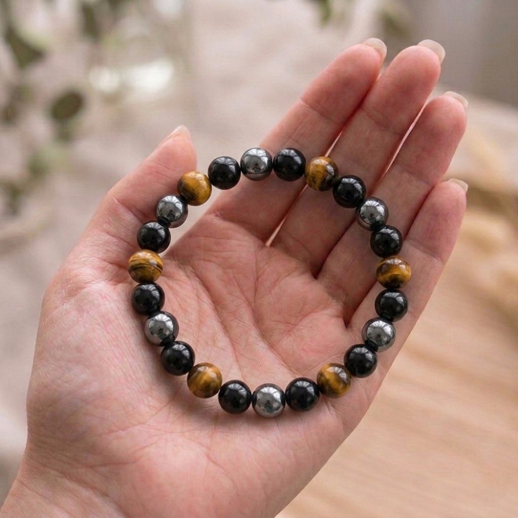Lakshya Gems handcrafted Triple Protection Bracelet featuring Black Obsidian, Hematite, and Tiger’s Eye beads.