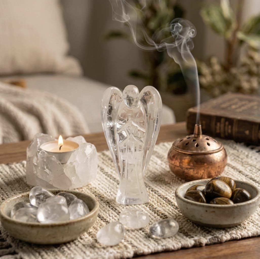 clear quartz angel angled view transparent crystal Lakshya Gems